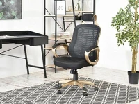 Nowoczesny czarny fotel mesh ze złotymi dodatkami RIND - w aranżacji z biurkiem ESLOV
