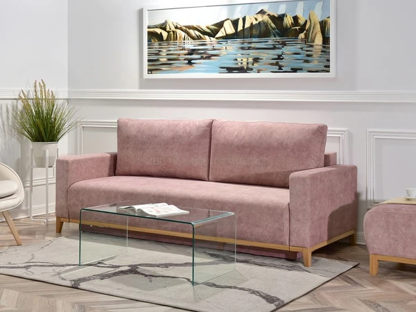sofa stockholm pudrowy róż tkanina, podstawa dąb naturalny